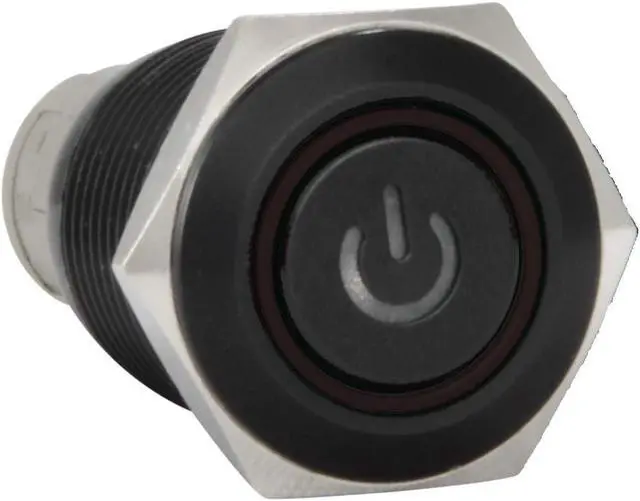 Main image of JacobsParts Momentary Pushbutton Starter Switch Circular Metal Black with Red Power Symbol LED fits 5/8" (16mm) Diameter Panel Cutout Hole