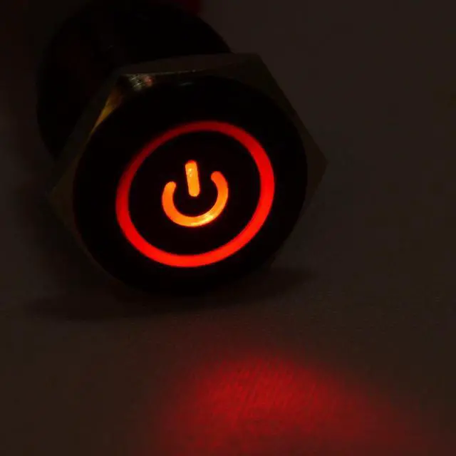 Alt view image 2 of 5 - JacobsParts Momentary Pushbutton Starter Switch Circular Metal Black with Red Power Symbol LED fits 5/8" (16mm) Diameter Panel Cutout Hole