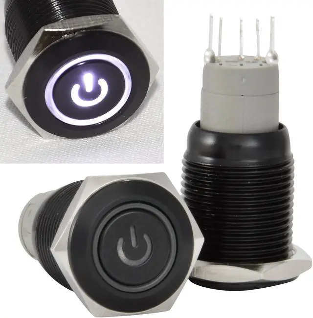 Alt view image 3 of 6 - JacobsParts Momentary Pushbutton Starter Switch Circular Metal Black with White Power Symbol LED fits 5/8" (16mm) Diameter Panel Cutout Hole