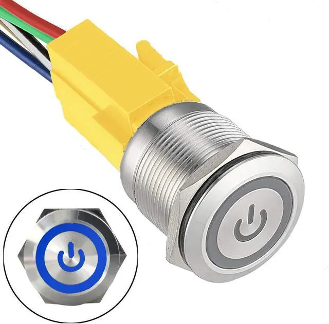 Alt view image 2 of 5 - JacobsParts Latching Maintained Pushbutton ON/Off Power Switch Circular Metal Silver with Blue Power Symbol LED fits 5/8" (16mm) Diameter Panel Cutout Hole. Wire Harness Included