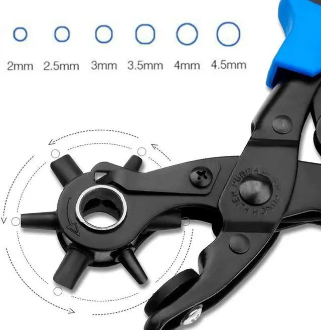 Alt view image 2 of 7 - JacobsParts Heavy Duty Leather Hole Punch Tool Multi Size Plier with Compound Joint and Ergonomic Grip for Belt Collar Strap Fabric Eyelet