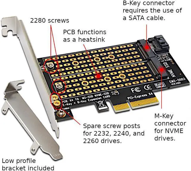 Alt view image 4 of 7 - JacobsParts M.2 to PCIe NVMe and SATA SSD Dual M Key and/or B Key Adapter Card 2242 2260 2280 M2 Drive to Desktop PCI Express x4 x8 x16 Slot, Includes Brackets