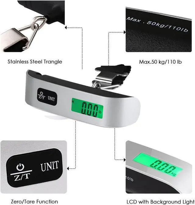 Alt view image 4 of 7 - JacobsParts 110 lbs Portable Travel LCD Digital Hanging Luggage Scale Electronic Weight