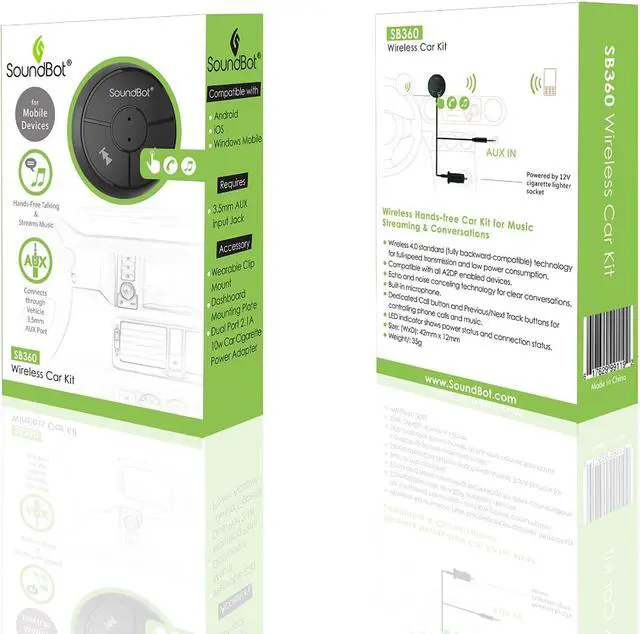 Alt view image 2 of 10 - SoundBot SB360 25.5W Bluetooth 4.0 Car Kit Hands-Free Wireless Talking & Music Streaming Dongle w/ High-Performance USB Car Charger + Magnetic Mounts + Built-in 3.5mm Aux Cable