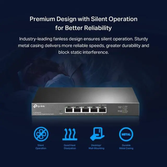 Alt view image 4 of 7 - TP-Link TL-SG105-M2 | 5 Port Multi-Gigabit Unmanaged Network Switch, Ethernet Splitter | 2.5G Bandwidth | Plug & Play | Desktop/Wall-Mount | Fanless Metal Design | Limited Lifetime Protection