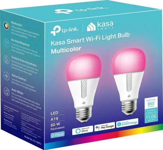 Main image of TP-Link - Kasa Smart Wi-Fi 60-Watt A19 LED Light Bulb, Dimmable, No Hub Required 2-Pack (KL130) - Full Multi-Color Changing