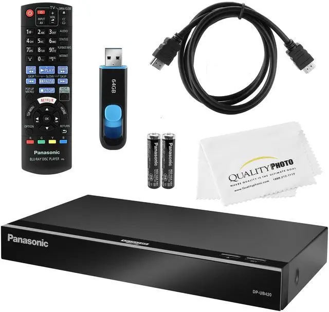 Main image of Panasonic Blu Ray Player Ultra HD DP-UB420 + Remote Control + High Speed 6 Foot 4K HDMI Cable + Ultra USB Flash Drive 64GB and Quality Photo Microfiber Cloth