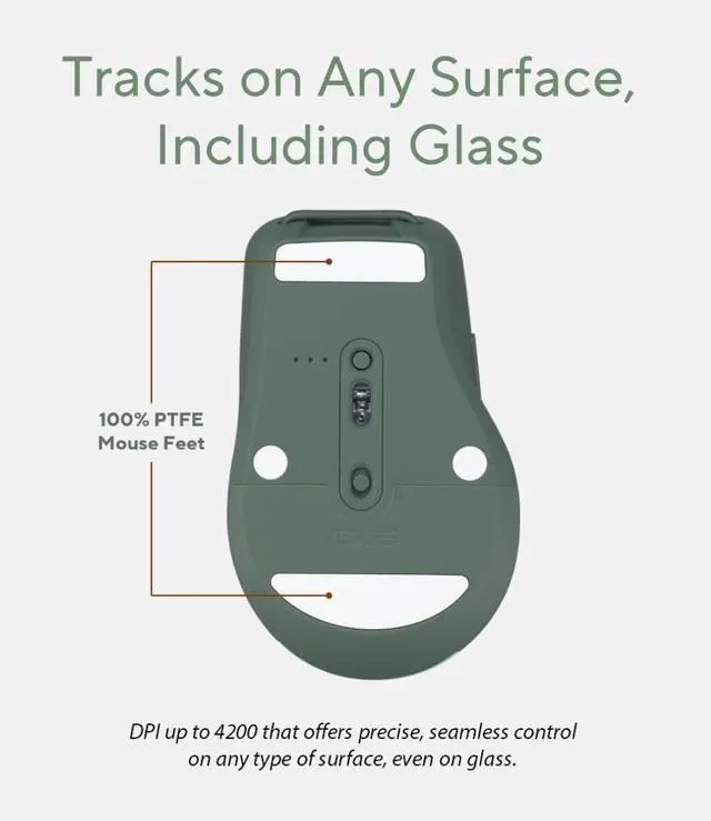 Alt view image 4 of 5 - ASUS Wireless SmartO Mouse Silent Plus Dual Mode (BT/2.4GHz), up to 3 Devices, Ergonomic, 4200 DPI, AA Battery Lasts up to 1 Year, Quiet Switches, Portable, for Productivity/Gaming - Green Tea Latte