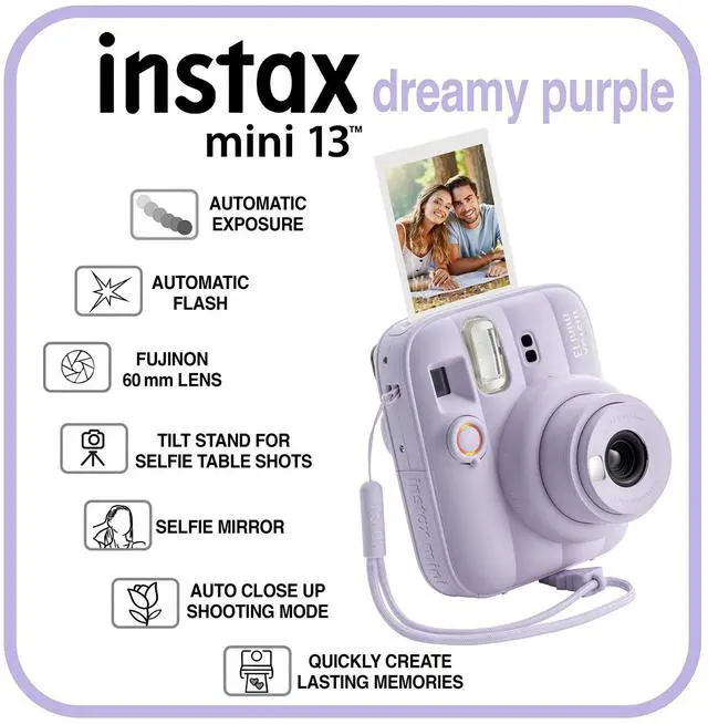 Alt view image 3 of 7 - Fujifilm Instax Mini 13 Instant Camera 60 Photo Prints, Photo Album, Case & Quality Photo Microfiber Cloth- Dreamy Purple
