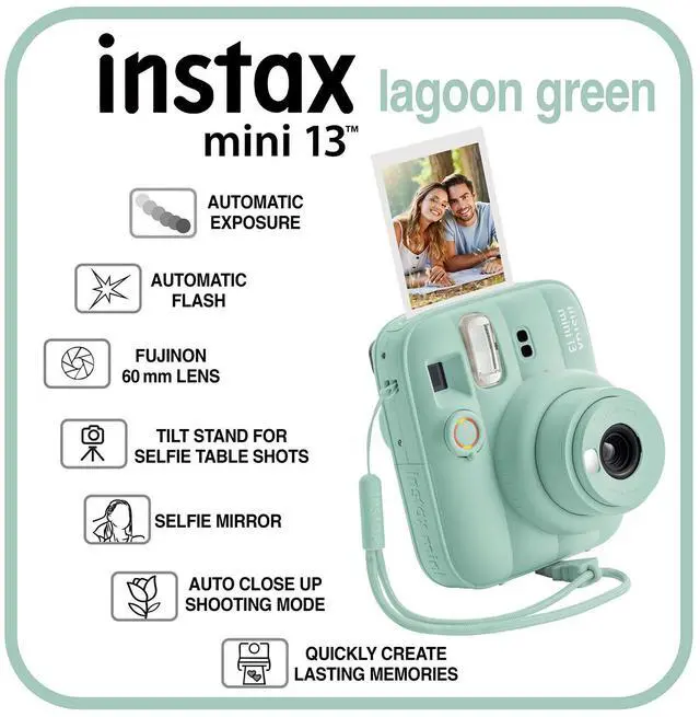Alt view image 2 of 7 - Fujifilm Instax Mini 13 Instant Camera 60 Photo Prints, Photo Album, Case & Quality Photo Microfiber Cloth- Lagoon Green