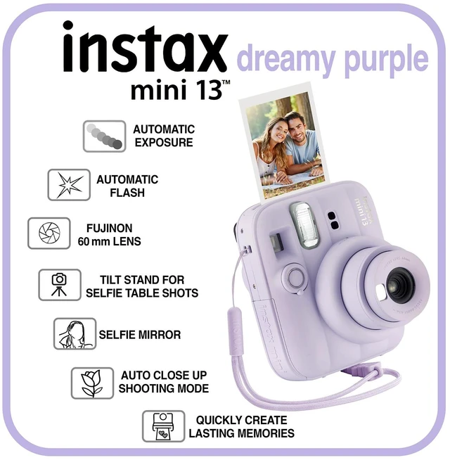 Alt view image 2 of 6 - Fujifilm Instax Mini 13 Instant Camera, 40 Photo Prints, Photo Album, Case & Quality Photo Microfiber Cloth- Dreamy Purple