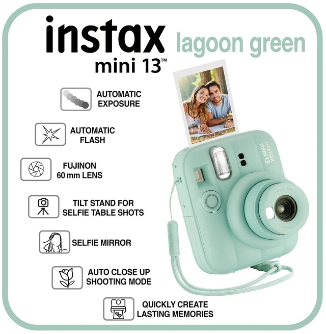 Alt view image 2 of 6 - Fujifilm Instax Mini 13 Instant Camera 40 Photo Prints, Photo Album, Case & Quality Photo Microfiber Cloth- Lagoon Green