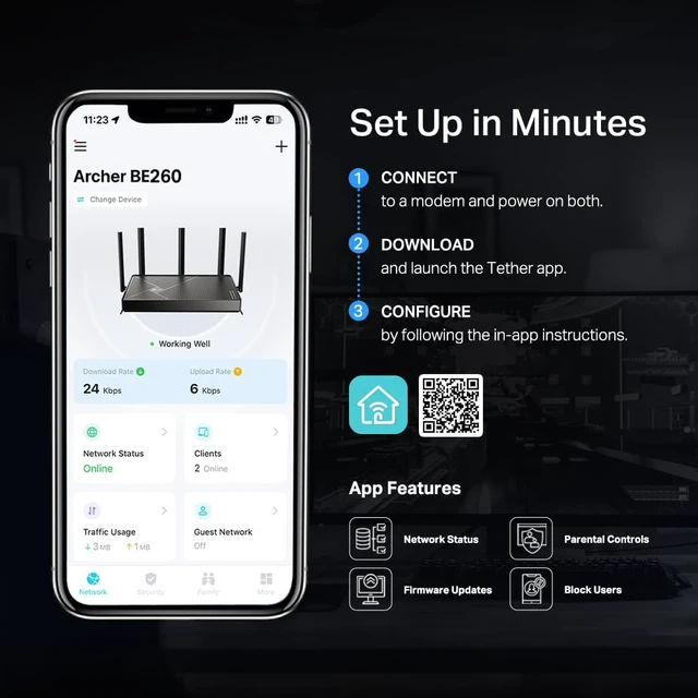Alt view image 6 of 6 - TP-Link Dual-Band BE5000 WiFi 7 Router Archer BE260 | 5-Stream 5Gbps | 1×2.5G WAN+1×2.5GLAN+3×1G Ports, USB 3.0 | 5 External Antennas | VPN Clients & Server