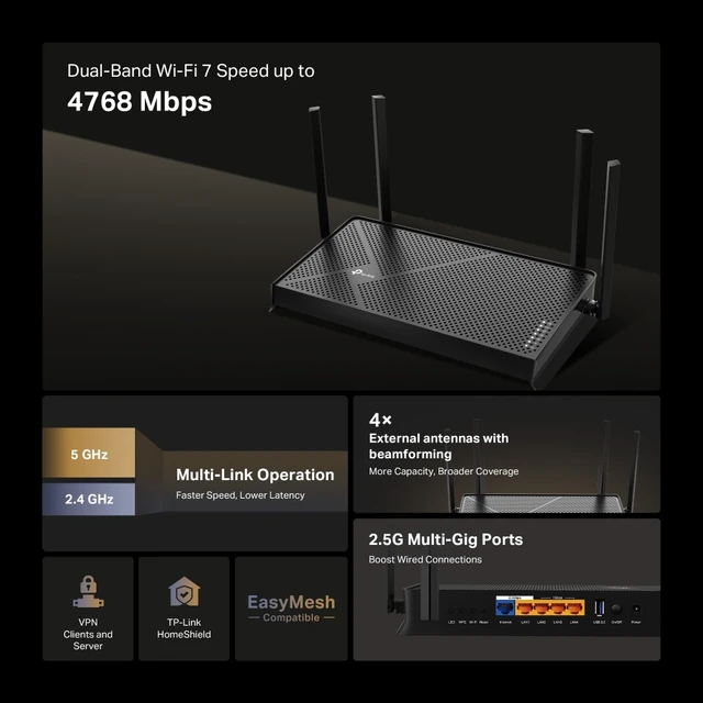 Alt view image 7 of 7 - TP-Link Dual-Band BE4800 Wi-Fi 7 Router, Dual 2.5 Gbps Ports, USB 3.0, 4× External Antennas - Archer BE4800