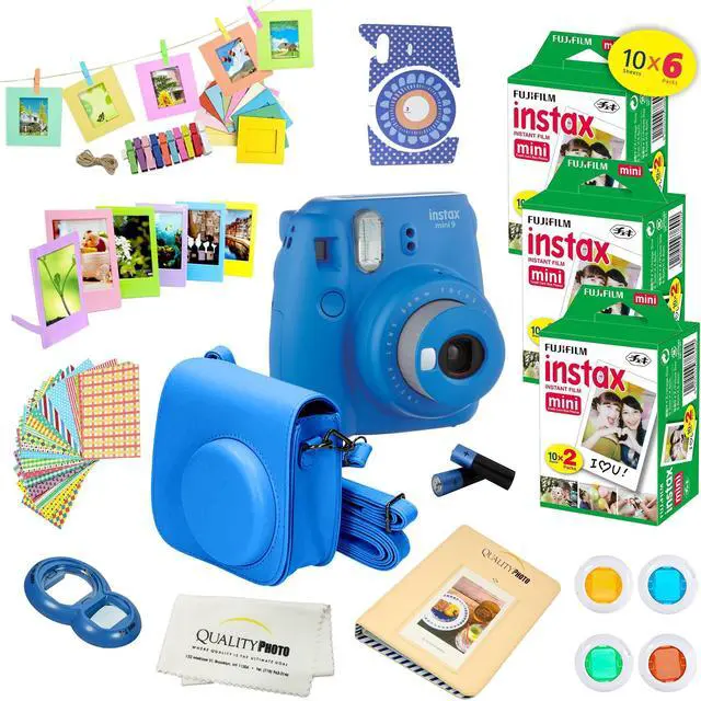 Main image of Fujifilm Instax Mini 9 (Cobalt Blue)  Deluxe kit bundle Includes -Instant camera with Instax mini 9 instant films (60 pack) - Custom Camera Case - instax Album – Frames - wall hang frames- - Stickers