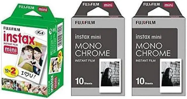 Alt view image 2 of 6 - Fujifilm Instax Mini Instant Film 3-PACK BUNDLE SET , Twin Pack ( 20 ) + 2-SET Monochrome ( 20 ) + Original Cleaning Cloth + Stickers 20 pcs. for Mini 90 8 70 7s 50s 25 300 Camera SP-1 Printer