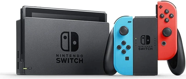 Alt view image 4 of 4 - Nintendo Switch with Neon Blue and Red Controllers