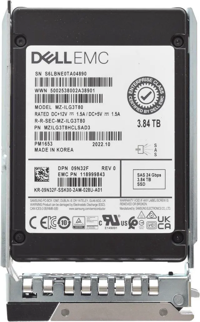 Alt view image 2 of 2 - Dell 9N32F 3.84TB SAS-24Gbps ISE Read Intensive 512e 2.5 Inch 1 DWPD SSD
