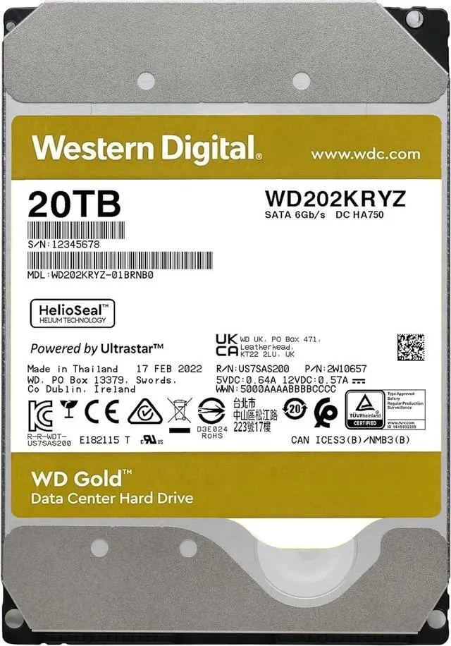 Main image of Western Digital Gold WD202KRYZ 20 TB Internal Hard Disk Drive - 7200 RPM - 3.5 Inches - SATA - 6 Gbps