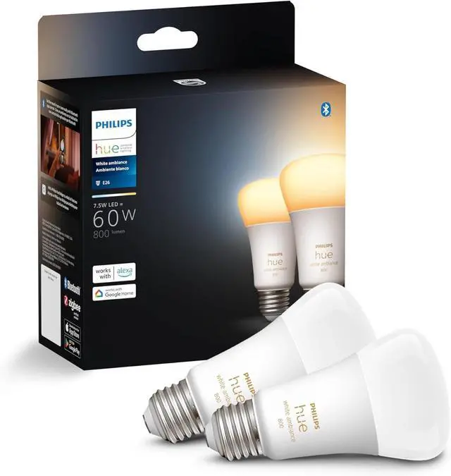 Main image of Philips Hue 929002216702 548560 Smart A19 LED Light Bulb - White Ambiance - E26 - 2 Pack