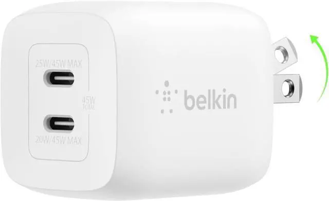 Alt view image 4 of 5 - Belkin 45W DUAL USB-C GAN WALL CHARGER WITH PPS White Model WCH011DQWH