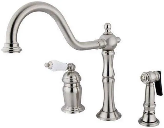 Main image of Kingston Brass KS181.PLBS Heritage Kitchen Faucet with Porcelain Lever Handle an, Satin Nickel