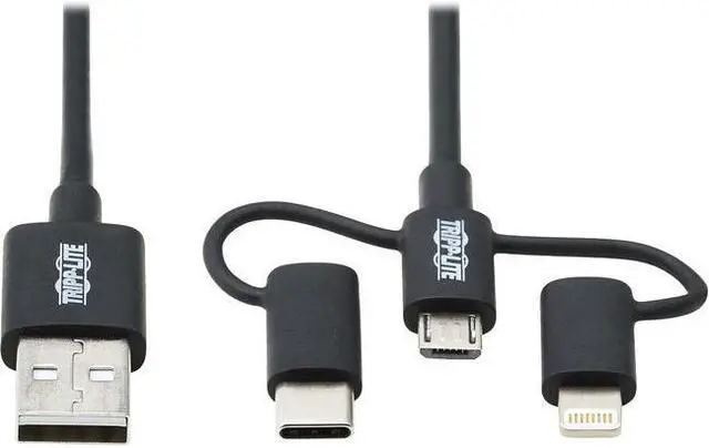 Main image of Tripp Lite USB-A to Lightning USB Micro-B and USB-C Sync/Charge Cable Black 6 ft. M101006LMCBK
