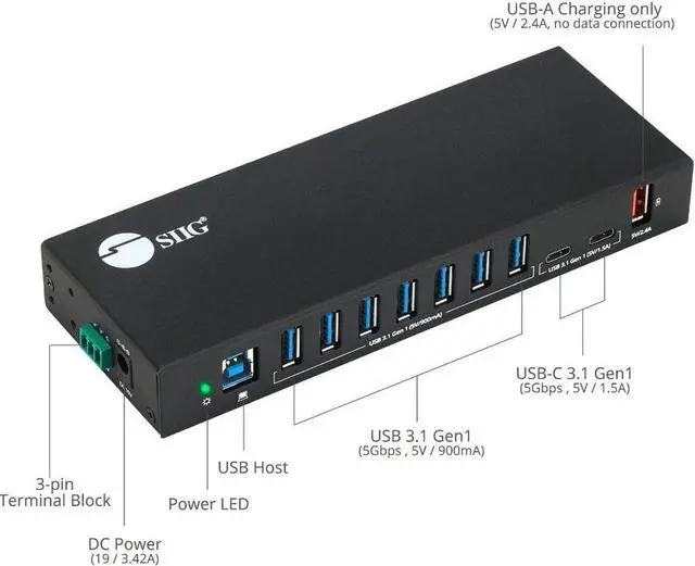 Alt view image 2 of 17 - SIIG AC IDUS0811S1 10PT Industrial USB Gen 1 Hub w Dual USBC  65W Charging