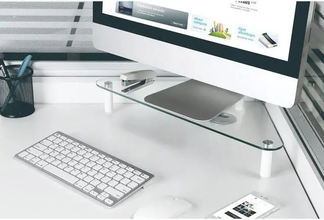 Alt view image 3 of 10 - Kantek Glass Corner Monitor Riser with 5mm Tempered Glass Platform and 40-Pound Capacity, 19.7-Inch W x 11-Inch D x 3.25-Inch H, Clear Glass (MS390)