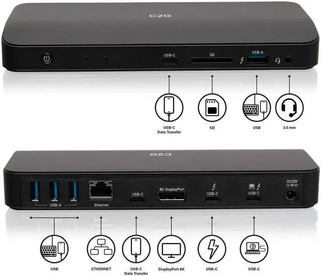 Alt view image 6 of 12 - C2G Thunderbolt 3 8K Docking Station - DP, Ethernet, USB, SD, 3.5mm, Power - for Notebook - 85 W - Thunderbolt 3 - Network (RJ-45) - DisplayPort - Audio Line Out - Wired