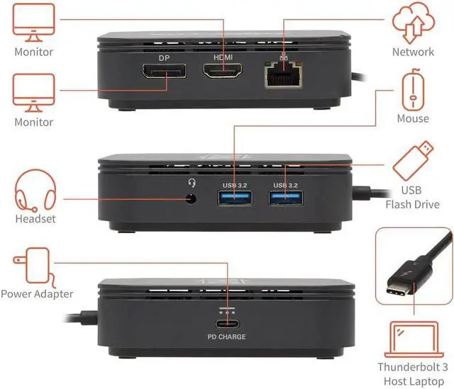 Alt view image 2 of 18 - Tripp Lite MTB3-DOCK-04 Docking Station - for Notebook - 60 W - USB Type C - 4 x USB Ports - Network (RJ-45) - HDMI - DisplayPort - Thunderbolt - Wired