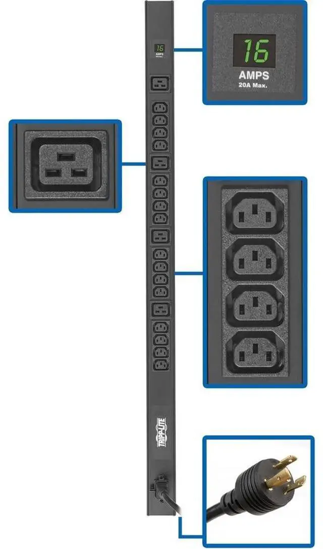 Alt view image 5 of 15 - Tripp Lite PDU Metered 16 C13 4 C19 3.2/3.8kW 208/240V C20/L6-20P PDUMV20HV36