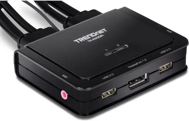 Alt view image 2 of 19 - TRENDnet 2-Port 4K DisplayPort 1.2 KVM Switch with Audio, 4K UHD (3840 x 2160@60Hz), 3.5mm Speaker/Microphone, USB 2.0, Integrated Cables, Black, TK-220DPI - 2 Computer(s) - 1 Local User(s) - 3840 x 2