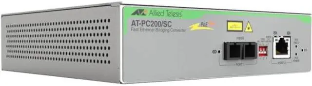 Main image of Allied Telesis PoE+ to Fiber Switching Media Converter - Network (RJ-45) - 1x PoE+ (RJ-45) Ports - 1 x SC Ports - Multi-mode - Fast Ethernet, Gigabit Ethernet - 10/100/1000Base-T, 100Base-FX - Standal