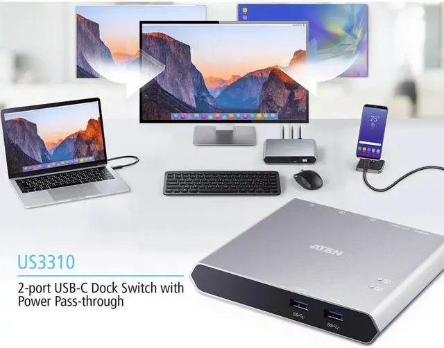 Alt view image 3 of 10 - Aten 2-Port USB-C Gen 1 Dock Switch with Power Pass-through US3310