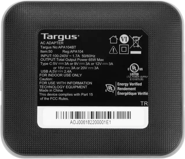 Alt view image 8 of 11 - Targus 65W USB-C/USB-A Charger - 65 W - 120 V AC, 230 V AC Input - 5 V DC/3 A, 9 V DC, 12 V DC, 15 V DC, 20 V DC Output - Black - APA104BT