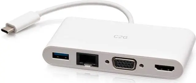Main image of C2G USB C to HDMI, VGA, USB A & RJ45 Adapter - 4K 30Hz - White - for Notebook/Tablet PC - USB 3.1 Type C - 4K, Full HD - 3840 x 2160, 1920 x 1200 - 1 x USB 3.0 - USB Type-A - USB Type-C - 1 x RJ-4