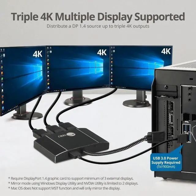Alt view image 9 of 16 - 1x3 Triple 4K DisplayPort 1.4 to DisplayPort MST Hub Splitter CEDP0P11S1