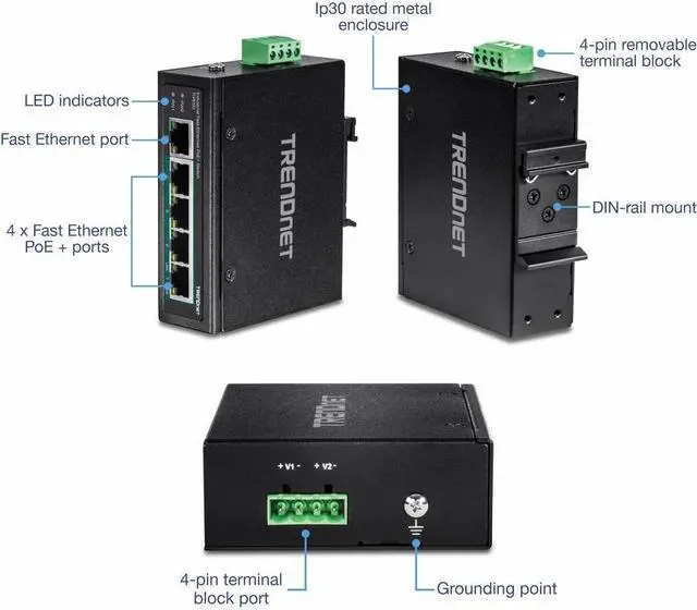 Alt view image 16 of 19 - TRENDnet 5-Port Industrial Fast Ethernet DIN-Rail Switch, 4 x Fast Ethernet PoE+ Ports, 1 x Fast Ethernet Port, 90W PoE Power Budget, DIN-Rail, IP30 Rated, Black, TI-PE50