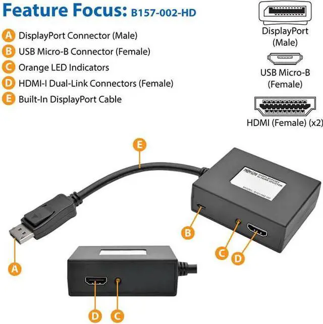 Alt view image 11 of 20 - Tripp Lite B157-002-HD 2-Port DisplayPort to HDMI Splitter