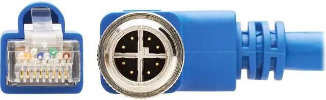 Alt view image 8 of 9 - Tripp Lite M12 X-Code Cat6a Shielded Ethernet Cable, Right-Angle M12/RJ45 Cable, 10G F/UTP CMR-LP (M/M), IP68, 60W Power over Ethernet, Blue, 9.8 Feet / 3 Meters (NM12-6A4-03M-BL)