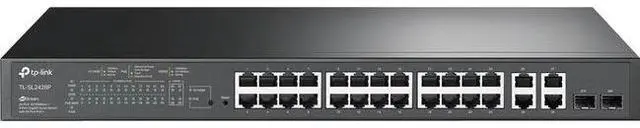 Main image of TP-Link 24-Port 10/100Mbps + 4-Port Gigabit Smart PoE+ Switch - 24 Ports - Manageable - 2 Layer Supported - 2 SFP Slots - 18.80 W Power Consumption - 250 W PoE Budget - Optical Fiber, Twisted Pair - P
