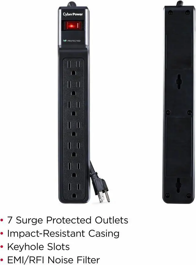 Alt view image 13 of 15 - CyberPower Systems USA CSB7012 CyberPower CSB7012 Essential 7-Outlets Surge Suppressor with 1500 Joules and 12FT Cord - 7 x NEMA 5-15R - 1500 J - 125 V AC Input