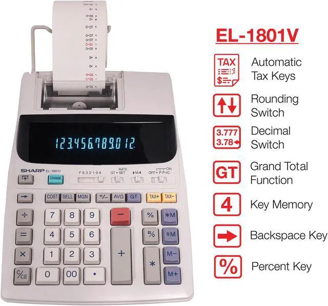Alt view image 9 of 13 - Sharp EL1801V Two-Color Printing Calculator, 12-Digit Fluorescent, 2-color Printing (Black/Red)