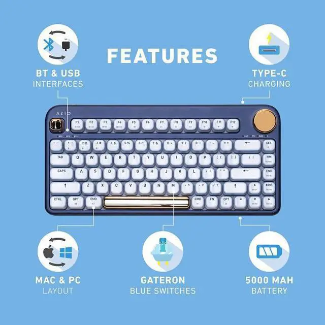 Alt view image 7 of 20 - AZIO IZO Wireless Bluetooth Mechanical Keyboard Blue Iris