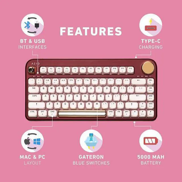 Alt view image 6 of 20 - AZIO IZO Wireless Bluetooth Mechanical Keyboard Baroque Rose