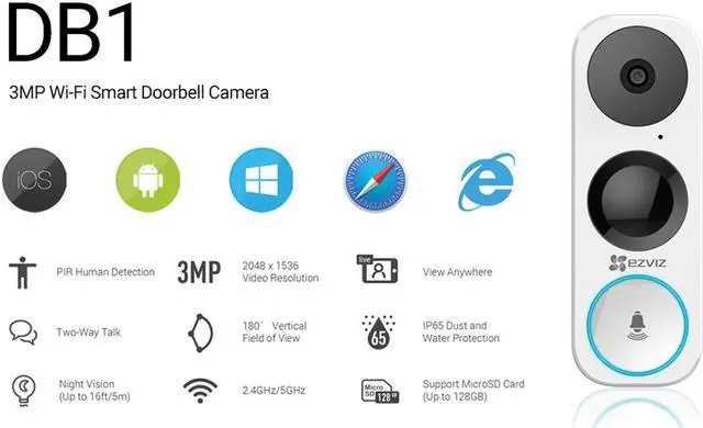 Alt view image 18 of 20 - EZVIZ EZDB11B3 Smart Video Doorbell, Wi-Fi Connected, 180 degree Vertical FOV