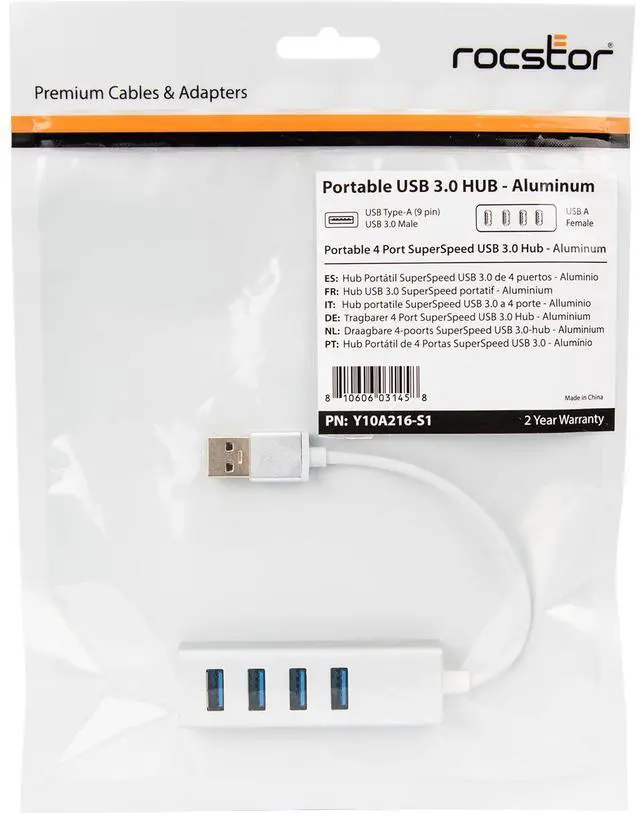 Alt view image 15 of 17 - Rocstor 6" Portable 4 Port SuperSpeed Mini USB 3.0 Hub - Aluminum Silver