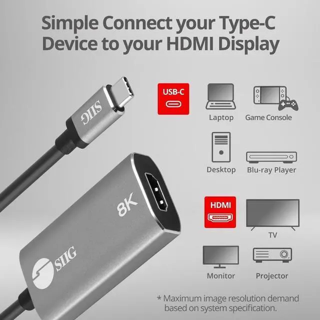 Alt view image 5 of 11 - SIIG CB-TC0L11-S1 Type C to HDMI Adapter 8K, USB-C Input to HDMI Output, Unidirectional, Supports 8K 60Hz and 4K 120Hz