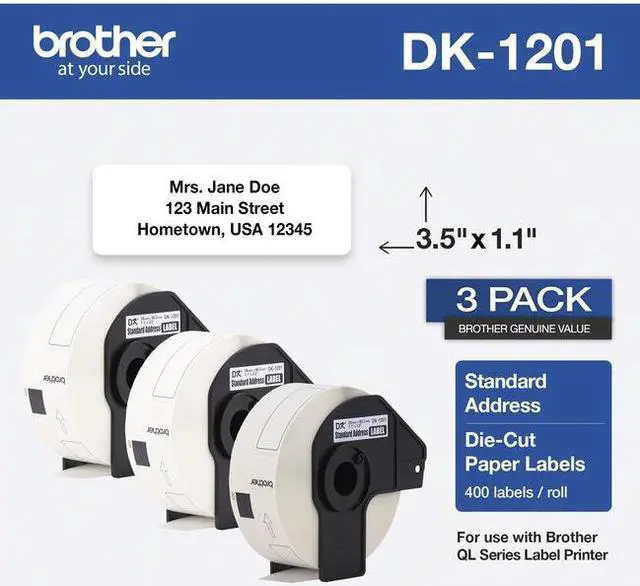 Alt view image 2 of 16 - brother genuine dk-1201 die-cut standard address labels - long lasting reliability, die-cut standard address paper labels, 1.14? x 3.5? individual label size, 400 labels per roll, (1) roll per box